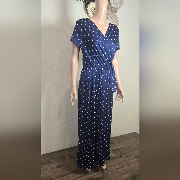 Shelby & Palmer Polka Dot Jumpsuit Women's Size Large Blue Wide Leg Fit & Flare - Picture 2 of 7